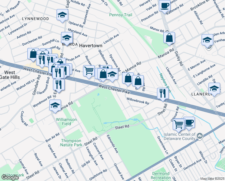 map of restaurants, bars, coffee shops, grocery stores, and more near 105 West Chester Pike in Havertown
