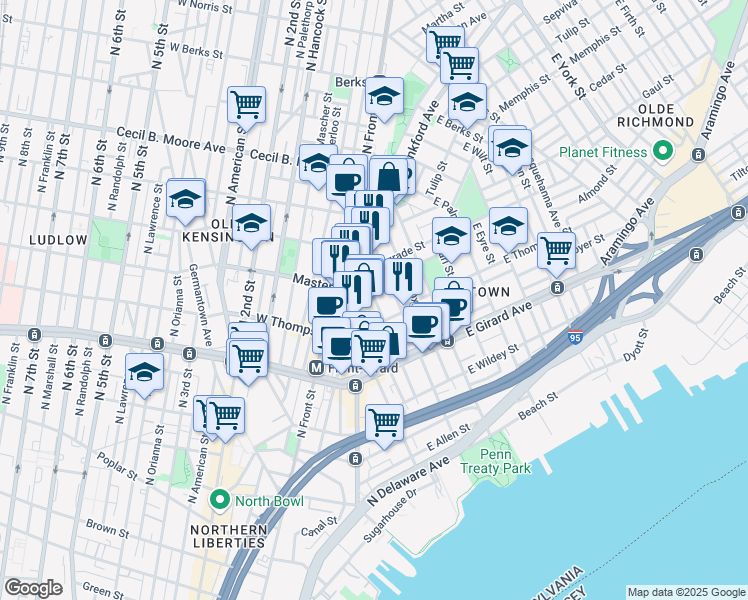 map of restaurants, bars, coffee shops, grocery stores, and more near 1324 Crease Street in Philadelphia
