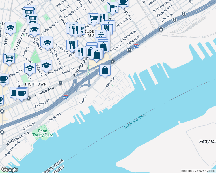 map of restaurants, bars, coffee shops, grocery stores, and more near 2001 Beach Street in Philadelphia