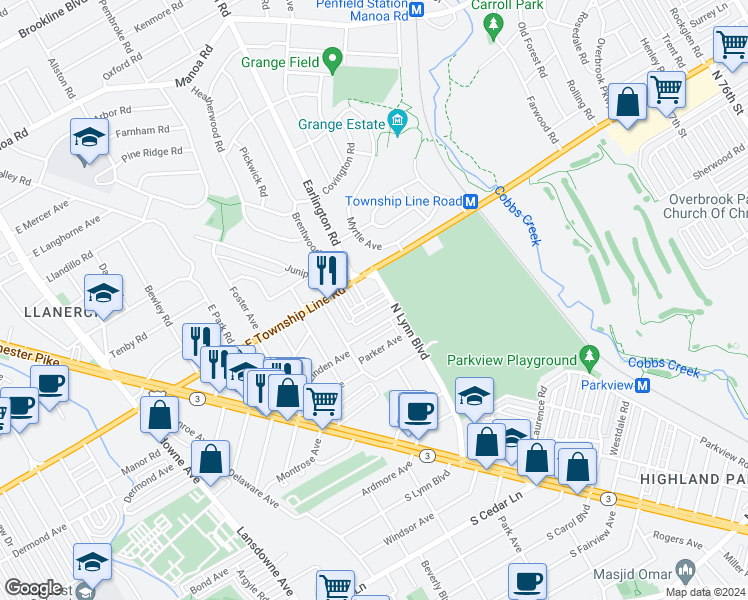 map of restaurants, bars, coffee shops, grocery stores, and more near 256 South Bayberry Lane in Delaware County
