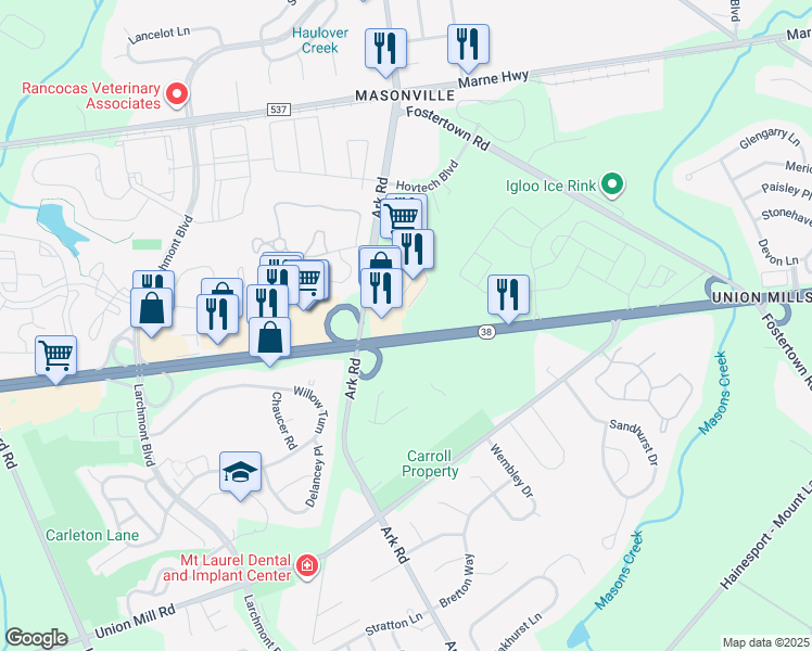 map of restaurants, bars, coffee shops, grocery stores, and more near 3047 New Jersey 38 in Mount Laurel Township