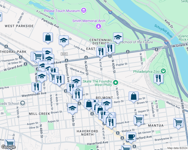 map of restaurants, bars, coffee shops, grocery stores, and more near 4141 Mantua Avenue in Philadelphia