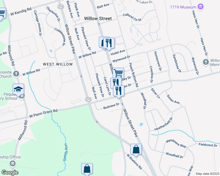 map of restaurants, bars, coffee shops, grocery stores, and more near 339 Carol Lynn Drive in Willow Street
