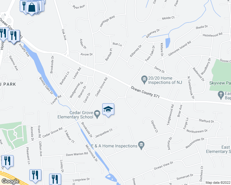 map of restaurants, bars, coffee shops, grocery stores, and more near 504 Sloop Court in Toms River