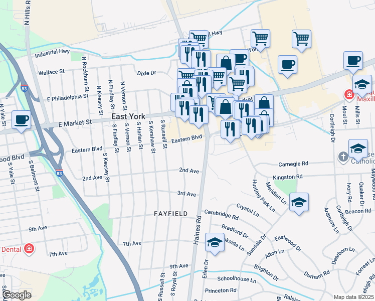 map of restaurants, bars, coffee shops, grocery stores, and more near 131 South Royal Street in East York