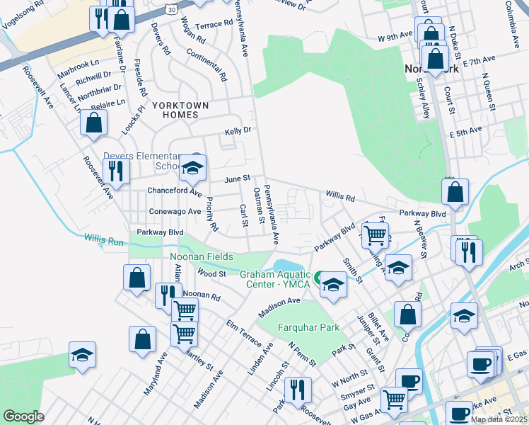 map of restaurants, bars, coffee shops, grocery stores, and more near 749 Oatman Street in York