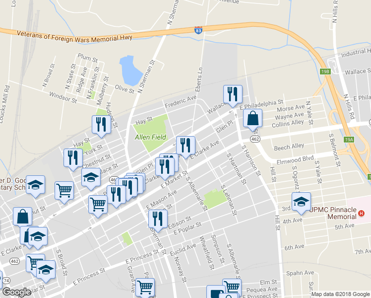 map of restaurants, bars, coffee shops, grocery stores, and more near 1003 Wayne Avenue in York