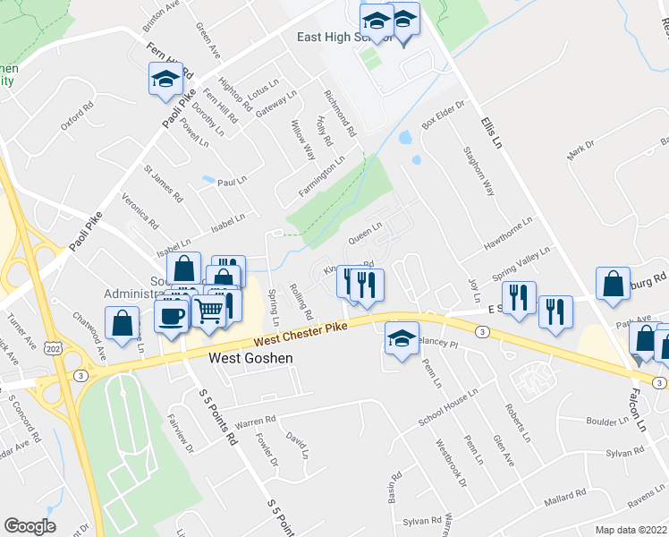 map of restaurants, bars, coffee shops, grocery stores, and more near 1191 Kingsway Road in West Chester