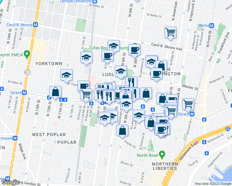 map of restaurants, bars, coffee shops, grocery stores, and more near 602 West Thompson Street in Philadelphia