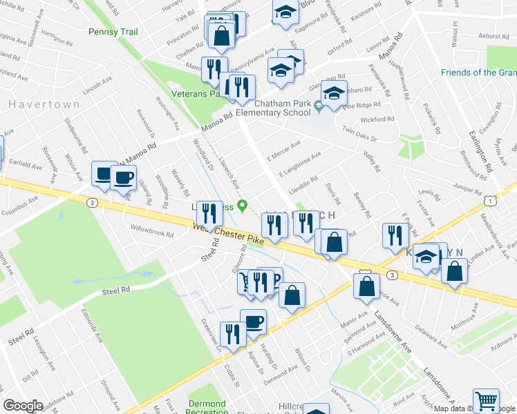 map of restaurants, bars, coffee shops, grocery stores, and more near 428 Llanerch Avenue in Havertown