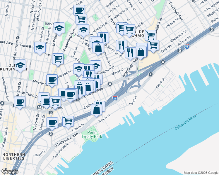 map of restaurants, bars, coffee shops, grocery stores, and more near in Philadelphia