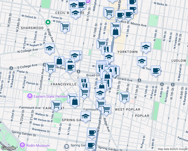 map of restaurants, bars, coffee shops, grocery stores, and more near 1512 West Girard Avenue in Philadelphia