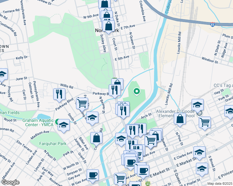 map of restaurants, bars, coffee shops, grocery stores, and more near 1 East 2nd Avenue in York