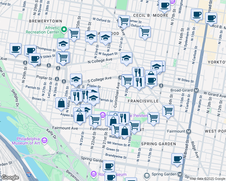 map of restaurants, bars, coffee shops, grocery stores, and more near 2056 Poplar Street in Philadelphia