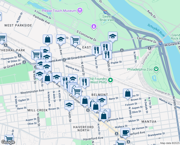 map of restaurants, bars, coffee shops, grocery stores, and more near 4141 Mantua Avenue in Philadelphia
