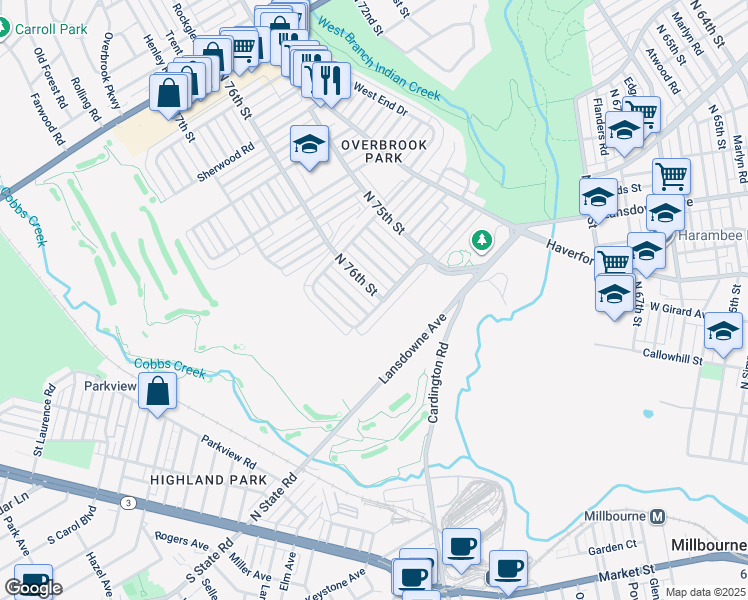 map of restaurants, bars, coffee shops, grocery stores, and more near 1306 North 76th Street in Philadelphia