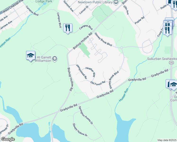 map of restaurants, bars, coffee shops, grocery stores, and more near 21 Heather Way in Newtown Square