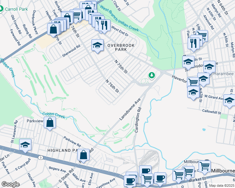 map of restaurants, bars, coffee shops, grocery stores, and more near 1306 North 76th Street in Philadelphia
