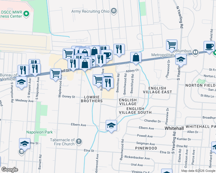 map of restaurants, bars, coffee shops, grocery stores, and more near 3955 East Broad Street in Whitehall