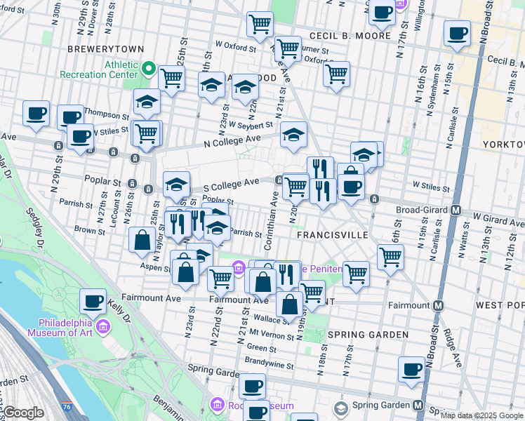 map of restaurants, bars, coffee shops, grocery stores, and more near 2056 Poplar Street in Philadelphia