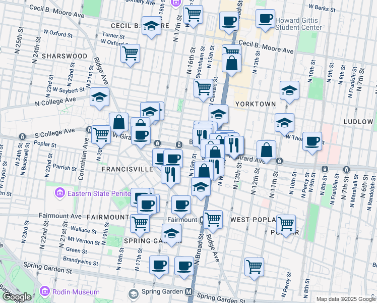 map of restaurants, bars, coffee shops, grocery stores, and more near 1512 West Girard Avenue in Philadelphia