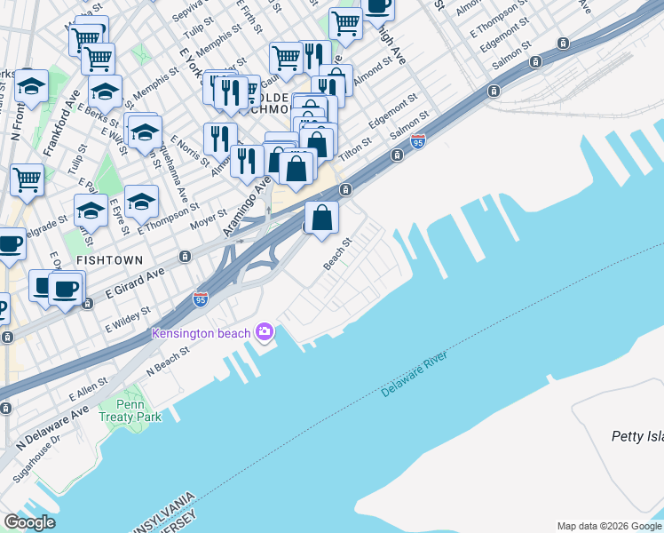map of restaurants, bars, coffee shops, grocery stores, and more near 2001 Beach Street in Philadelphia