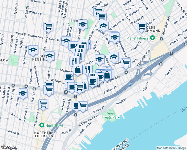 map of restaurants, bars, coffee shops, grocery stores, and more near 1319 East Oxford Street in Philadelphia