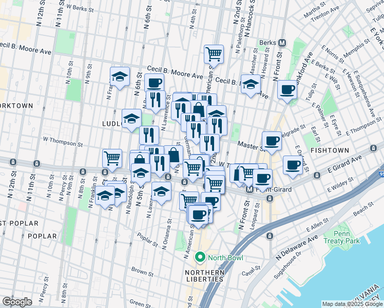 map of restaurants, bars, coffee shops, grocery stores, and more near 1345 Germantown Avenue in Philadelphia
