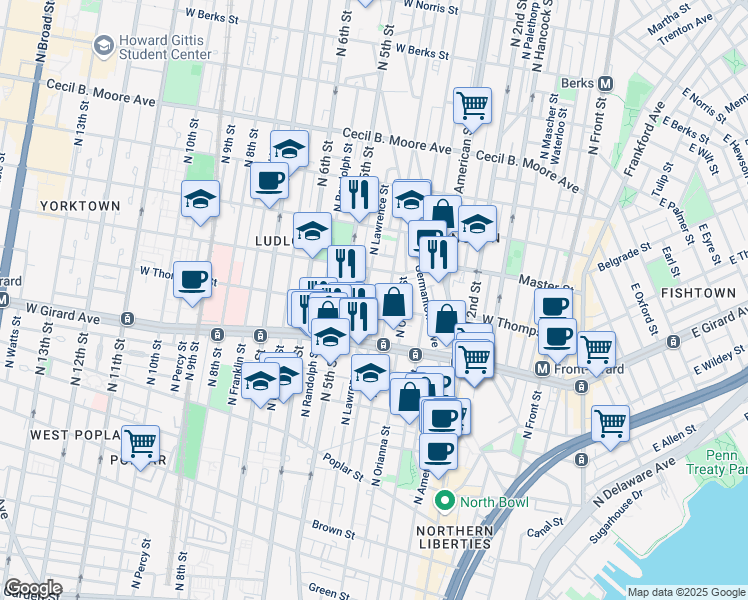 map of restaurants, bars, coffee shops, grocery stores, and more near 1320 North Lawrence Street in Philadelphia