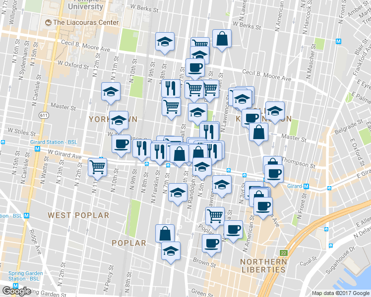 map of restaurants, bars, coffee shops, grocery stores, and more near 1309 North Marshall Street in Philadelphia
