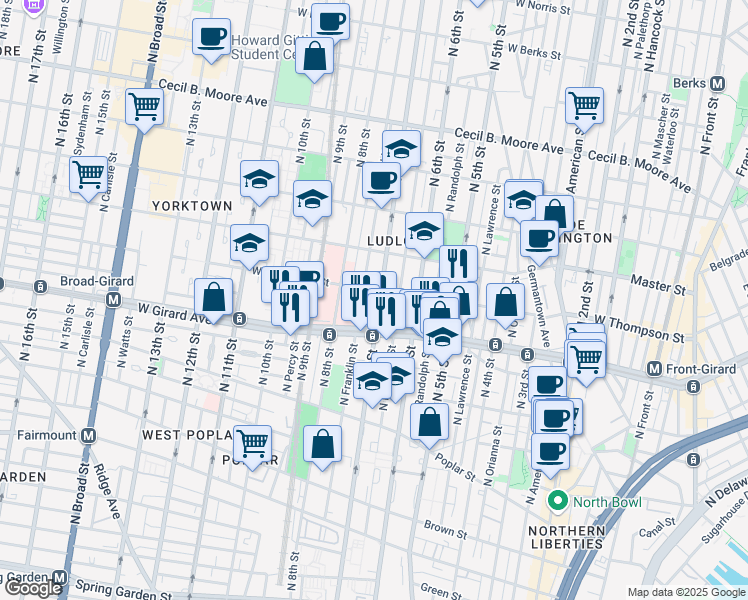 map of restaurants, bars, coffee shops, grocery stores, and more near 1301 North Franklin Street in Philadelphia