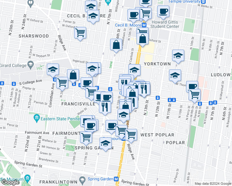 map of restaurants, bars, coffee shops, grocery stores, and more near 1521 West Girard Avenue in Philadelphia