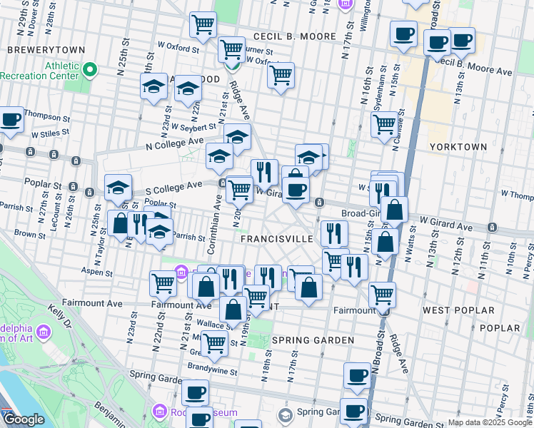 map of restaurants, bars, coffee shops, grocery stores, and more near in Philadelphia