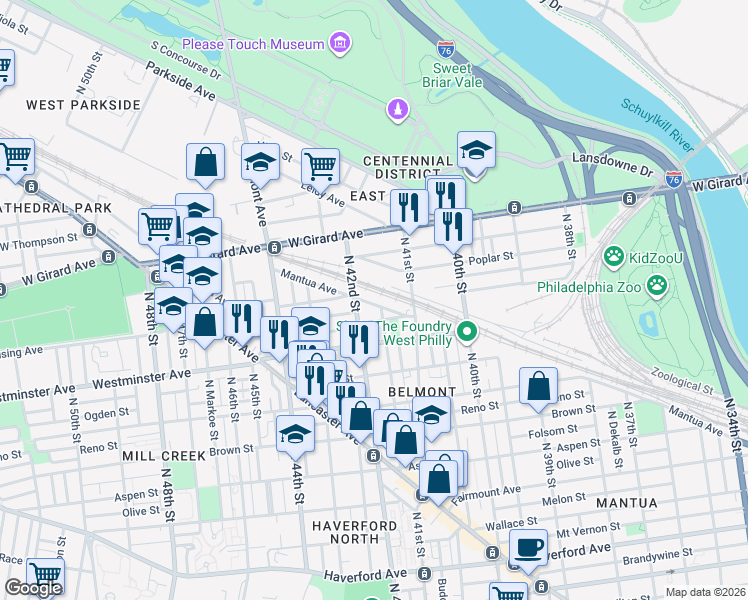 map of restaurants, bars, coffee shops, grocery stores, and more near 4120 Poplar Street in Philadelphia