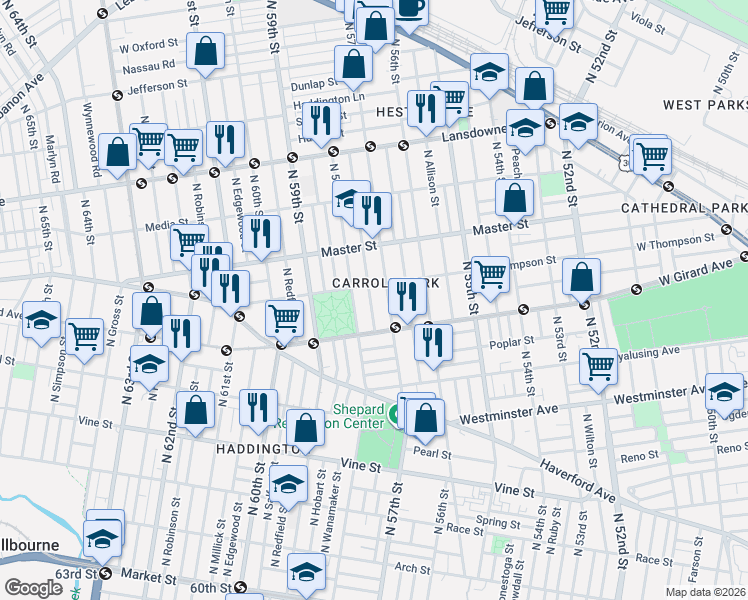 map of restaurants, bars, coffee shops, grocery stores, and more near 1300 North Alden Street in Philadelphia