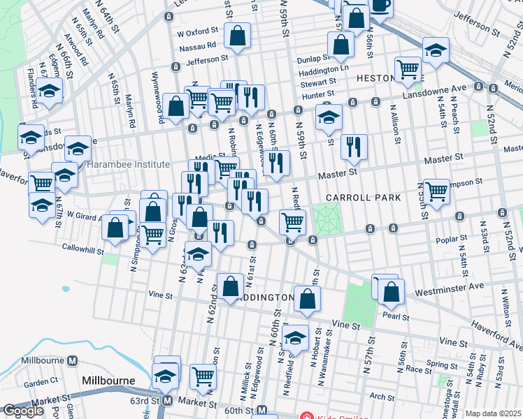 map of restaurants, bars, coffee shops, grocery stores, and more near 1303 North 61st Street in Philadelphia