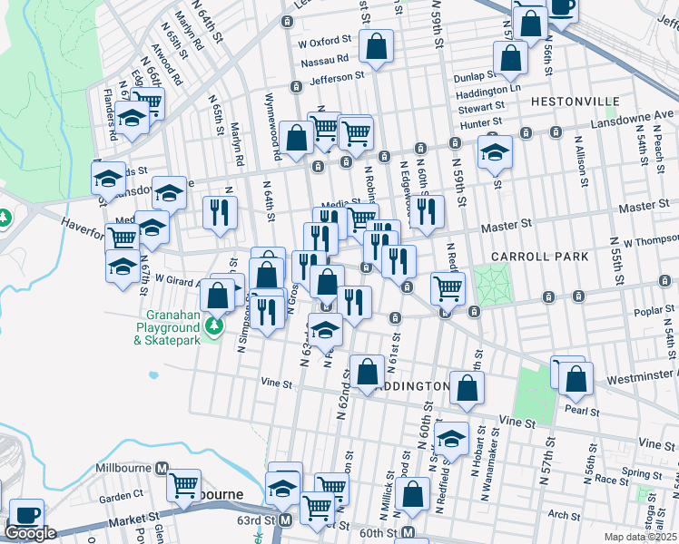map of restaurants, bars, coffee shops, grocery stores, and more near 6249 Haverford Avenue in Philadelphia