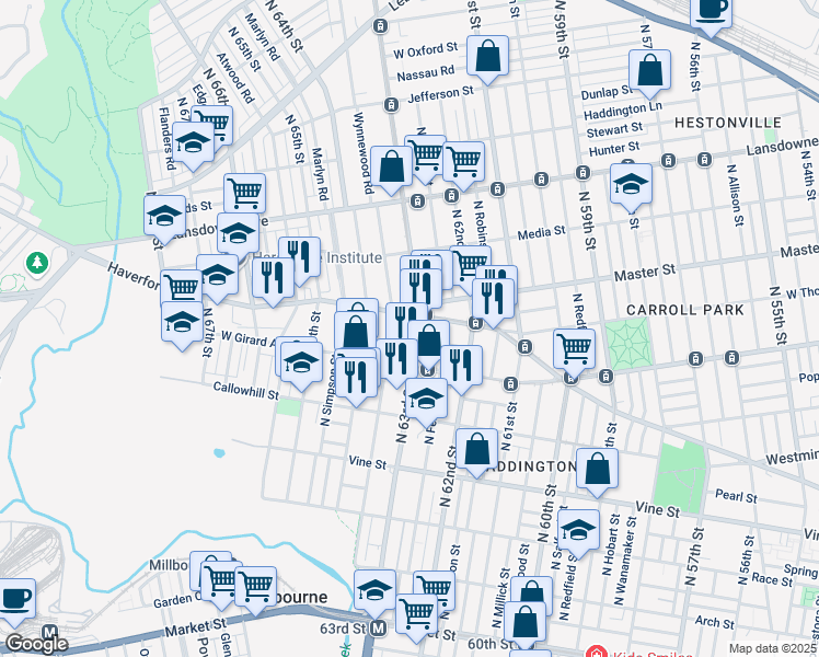map of restaurants, bars, coffee shops, grocery stores, and more near 6340 Haverford Avenue in Philadelphia