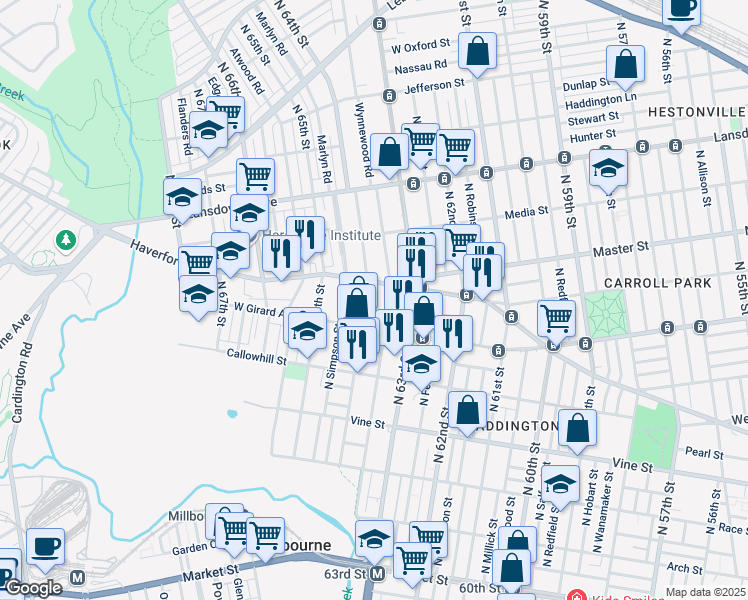 map of restaurants, bars, coffee shops, grocery stores, and more near 6340 Haverford Avenue in Philadelphia