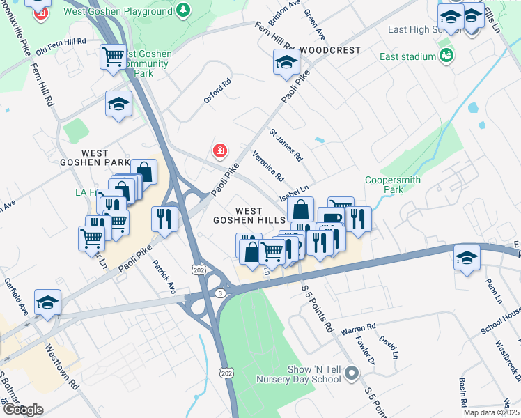 map of restaurants, bars, coffee shops, grocery stores, and more near 205 Seal Lane in West Chester