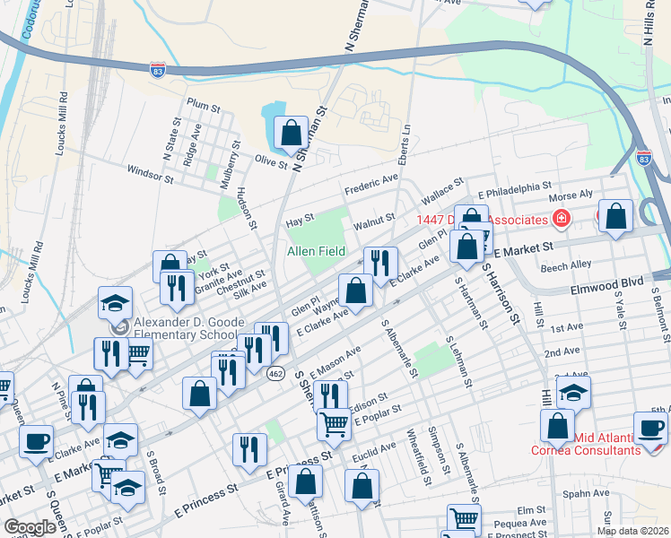 map of restaurants, bars, coffee shops, grocery stores, and more near 949 East Philadelphia Street in York