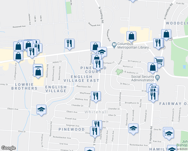 map of restaurants, bars, coffee shops, grocery stores, and more near 125 South Yearling Road in Columbus