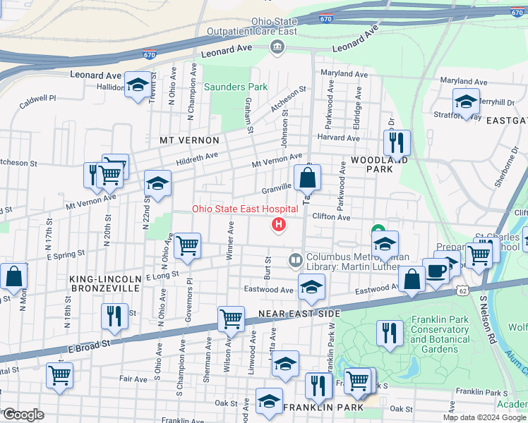 map of restaurants, bars, coffee shops, grocery stores, and more near 1429 Granville Street in Columbus