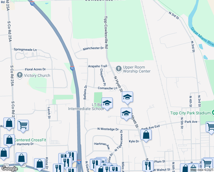 map of restaurants, bars, coffee shops, grocery stores, and more near 715 Cheyenne Place in Tipp City