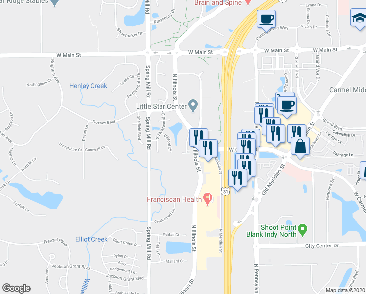 map of restaurants, bars, coffee shops, grocery stores, and more near 12598 Tennyson Lane in Carmel