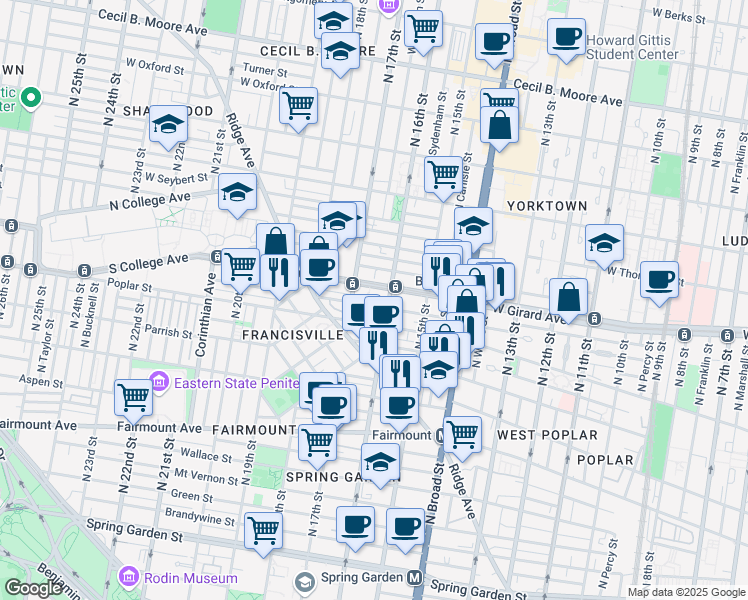 map of restaurants, bars, coffee shops, grocery stores, and more near 1617 West Girard Avenue in Philadelphia