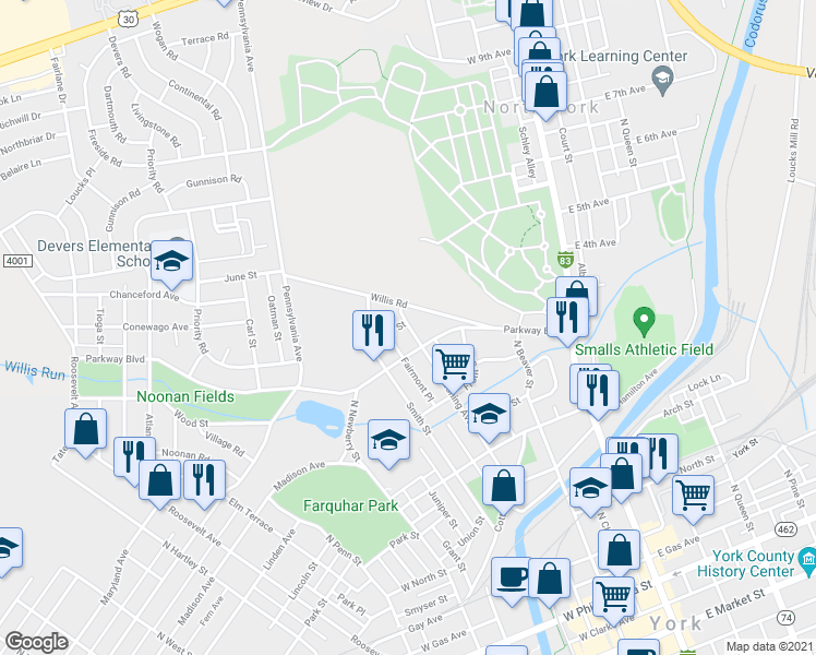 map of restaurants, bars, coffee shops, grocery stores, and more near 718 North Pershing Avenue in York