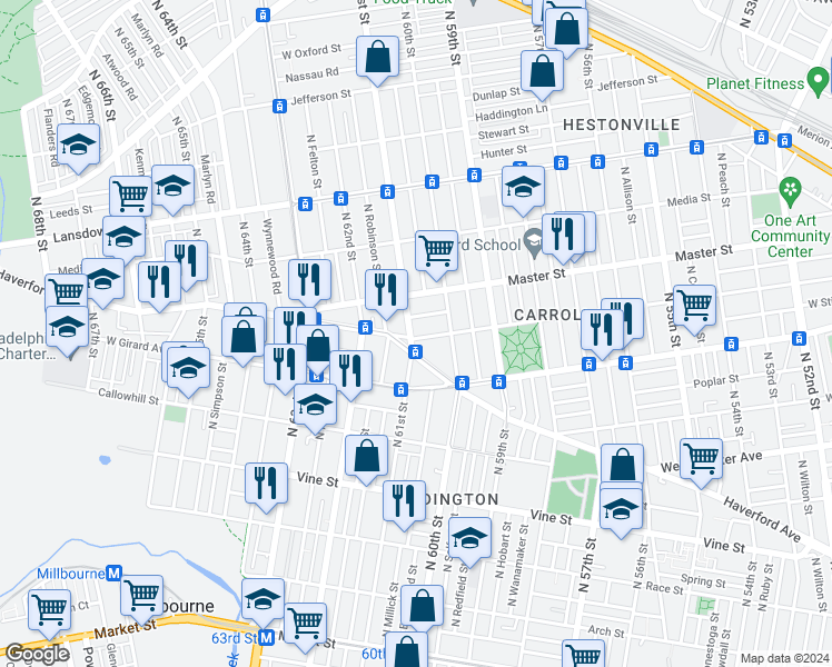 map of restaurants, bars, coffee shops, grocery stores, and more near 1303 North 61st Street in Philadelphia