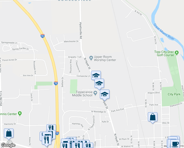 map of restaurants, bars, coffee shops, grocery stores, and more near 615 North Hyatt Street in Tipp City