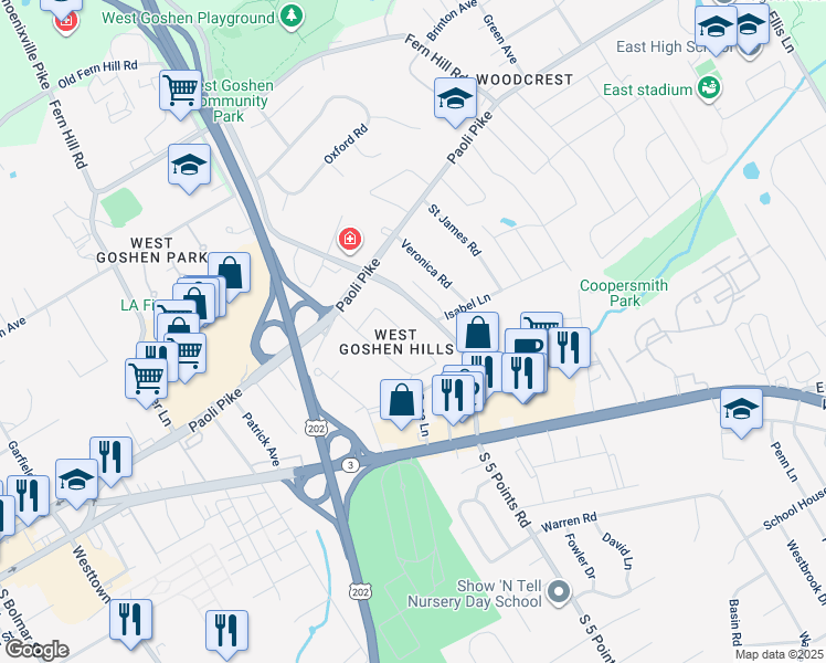 map of restaurants, bars, coffee shops, grocery stores, and more near 205 Seal Lane in West Chester
